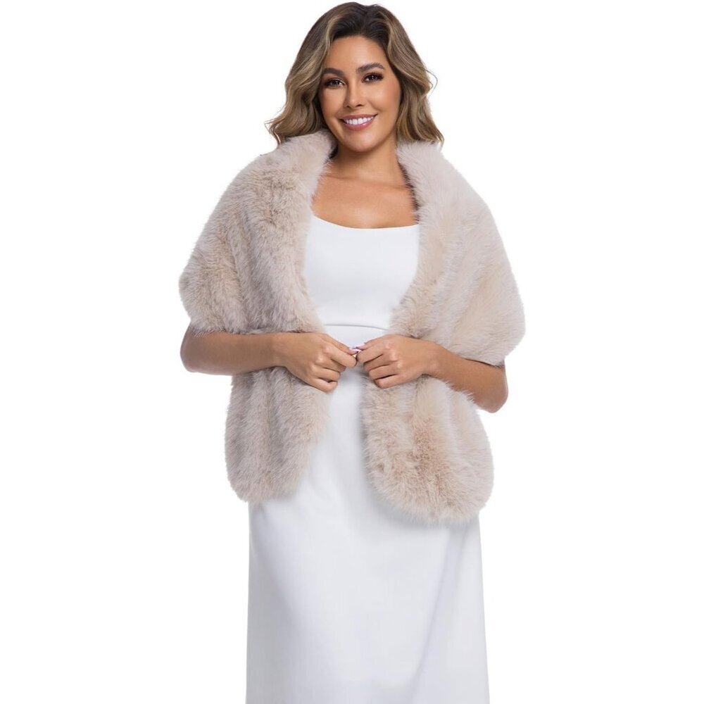 Women's Beige Faux Fur Winter Warm Wedding Neck Warmer Shawl Collar Scarf Stole - Picture 5 of 8